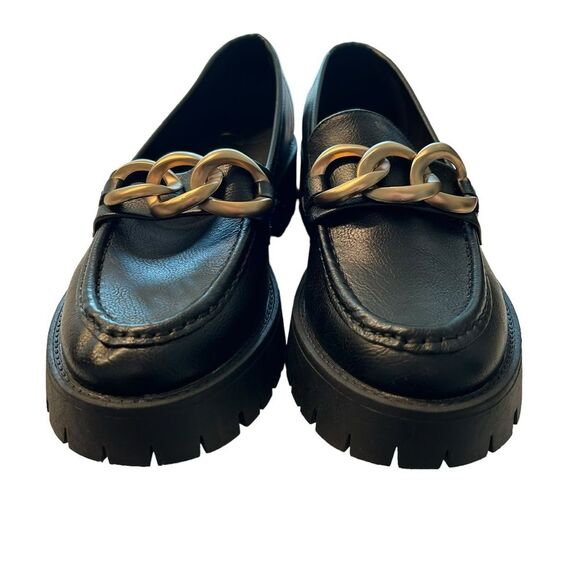 CCOCCI Women’s 9 Sutton Loafers Black Chunky Gold Chain Accent Lug Academia - Picture 9 of 11